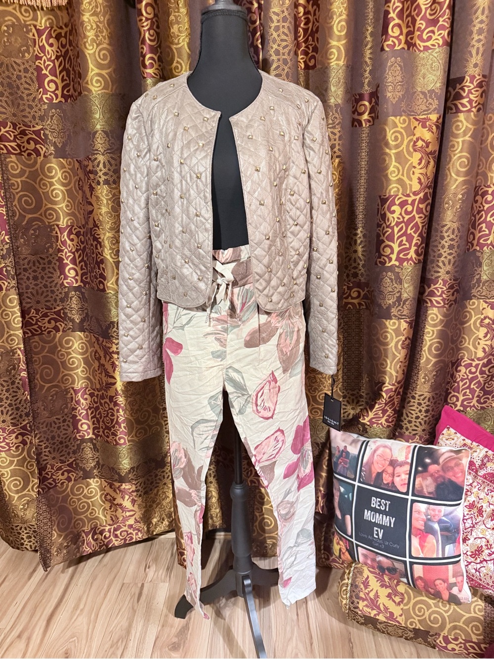Pant Set made in Italy Studded jacket W/ Glitter  floral Stretch Pants